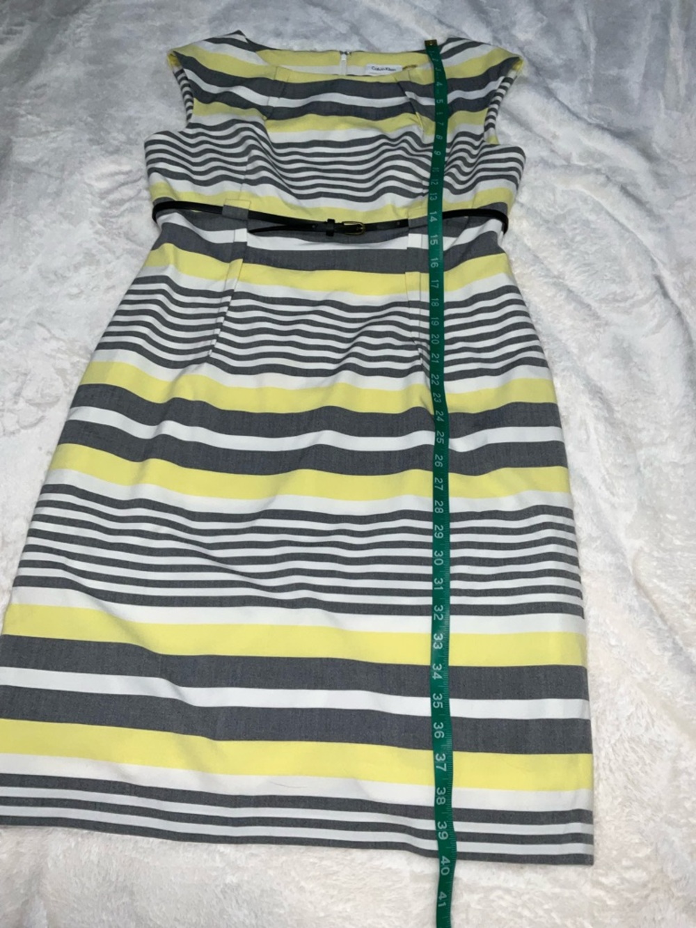 Calvin Klein Yellow, Gray and White Striped Sheath Dress with Belt Size 12 - Picture 8 of 8